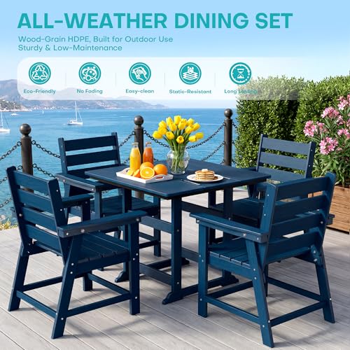Image of 5 Piece Patio Dining Set, HDPE All-Weather Furniture with 4 Chairs & 1 Square Table, for Backyard, Garden, Navy Blue