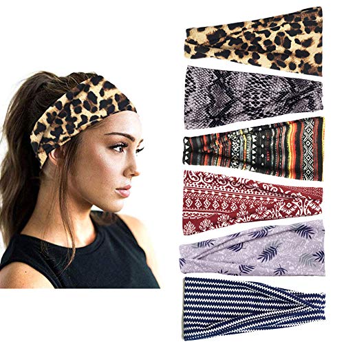 6 Pack Yoga Running Headbands Sports Workout Elastic Cotton Headwrap with Buttons Soft Hair Head Band for Women 2020 (Boho 6 Packs)
