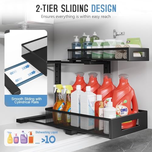 Image of 2-Pack Under Sink Storage Organizer, Large 2-Tier Elegant Mesh Pull Out Shelf for Kitchen and Bathroom Cabinet Organization, L-Shaped and Adjustable Height Design,Patent Pending-Black