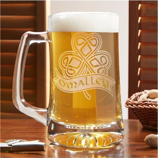 Personalization Universe Personalized Celtic Shamrock 25 oz. Etched Glass Beer Mug – Customizable Name, Sturdy Handle, Starburst Bottom, Dishwasher Safe – Ideal for Man Cave Decor & Gifts