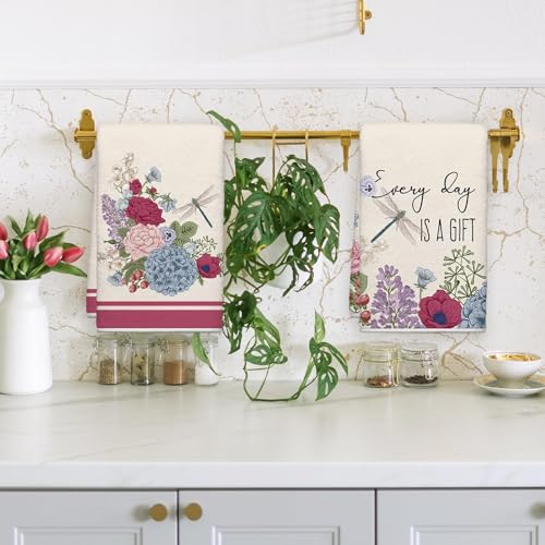 Image of Summer Vintage Floral Kitchen Towels, Dragonflies Dish Towels Set of 2, Spring Retro Hydrangeas 18 x 26 Inch Hand Towel Quick Drying Dishcloth Decor for Kitchen Bathroom Home