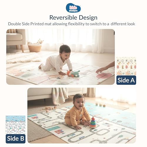 Image of Kids Station Double-Sided Waterproof Baby Playmat - Foldable, Portable & Reversible Foam Mat for Infants, Toddlers & Kids - Soft, Non-Slip, Easy-to-Clean Baby Crawling Mat for Indoor /Outdoor Use (200x150x0.6cm, City & Jungle Print)