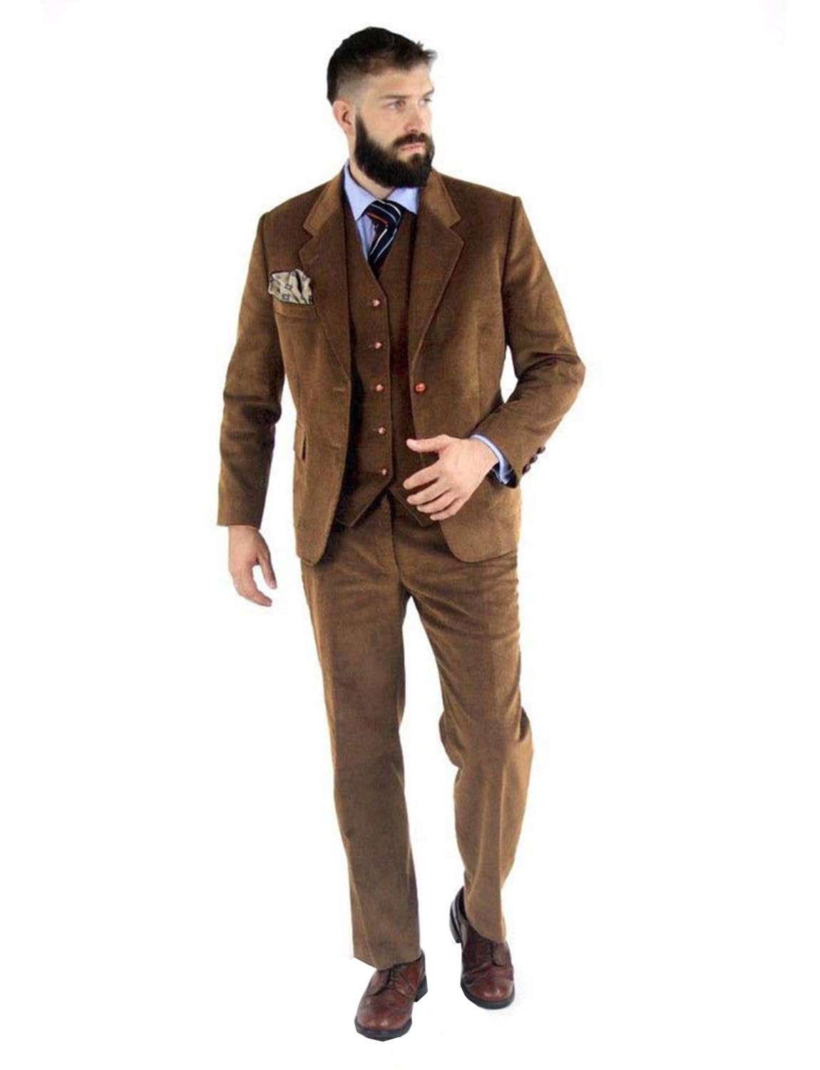 Uomo Tre Pezzi Abito di Velluto a Coste Monopetto Bottone Giacca Gilet Pantaloni Set Partito Prom Matrimonio