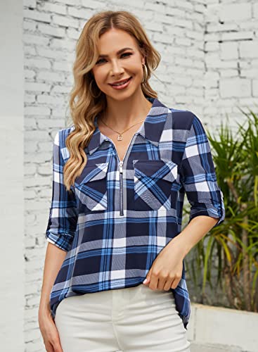 Bulotus Womens Business Casual Outfits For Work, Dressy Plaid Shirts For Women 3/4 Sleeve Tunic Tops Loose Fit Ladies Spring Tops And Blouses Fashion 2023 Collared Tunic Blouse, Blue Plaid, L #TOP1