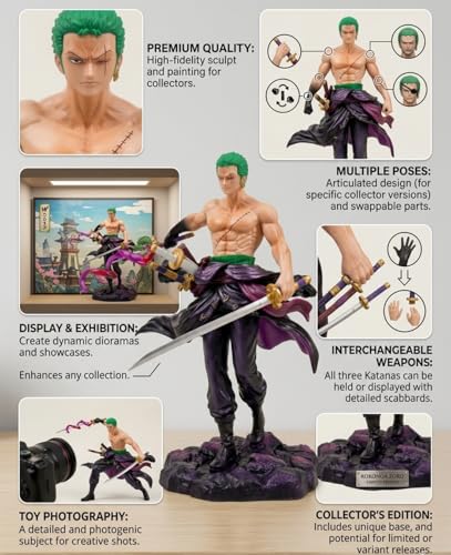 Image of Roronoa Zoro Action Figure 20 cm Anime Collectible Statue with Three Sword Style Battle Pose, Detailed PVC Figure for Desk Decor, Display Shelf & Anime Fans (Zoro Standing)