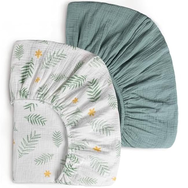 Muslin Crib Sheets for Girls Boys, 2 PCS Soft and Breathable Fitted Baby Sheet for 52 x 28 Standard Crib Mattress and Toddler Bed (Roman Green, Leaves)