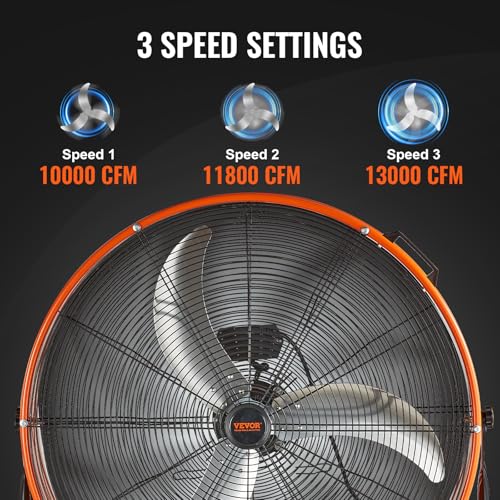 Image of VEVOR Drum Fan, 30 Inch 13000 CFM High Velocity Heavy Duty Floor Shop Fan, 3-Speed, 5ft Cord, 360Adjustable Tilting, Commercial Industrial Use for Warehouse, Workshop, Factory, Basement