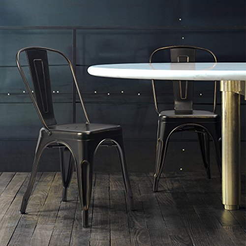 Image of Devoko Metal Indoor-Outdoor Chairs Distressed Style Kitchen Dining Chairs Stackable Side Chairs with Back Set of 4 (Black Gold)