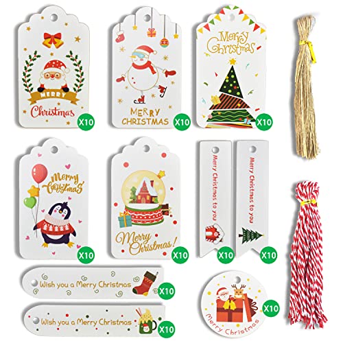 Ulife Mall 100Pcs Étiquettes pour Cadeaux de Noël, 10 Design Cartes-cadeaux en Papier Kraft avec 25 cm Corde de Jute Suspendue pour Décoration Artisanale de Bricolage (Blanc) Cover