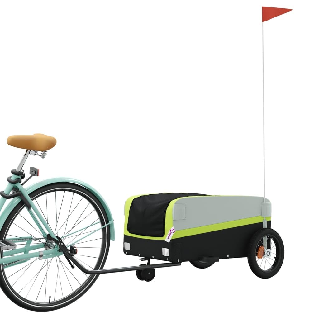 Rimorchio Bici Nero in Ferro con Portata, x 52.5x42, con Bandiera di Sicurezza, Pieghevole per Trasporto Bagaglio, Carico, Cani, Bambini, Outdoor e Quotidiano