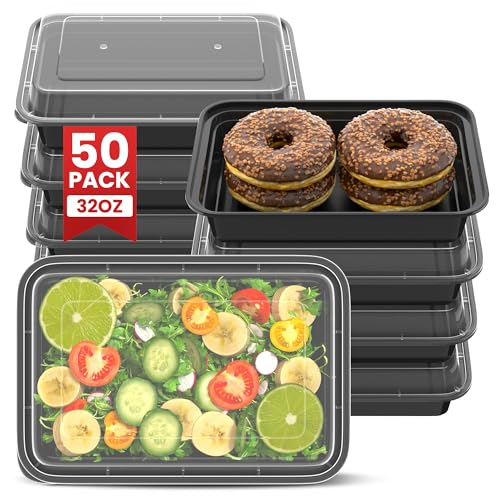 Image of Geisoun 32oz Meal Prep Containers [50-Pack], Reusable Bento Box with Easy-Snap Leakproof Lids - Microwave, Dishwasher & Freezer Safe Food Storage, BPA-Free Plastic Lunch Containers (Black)