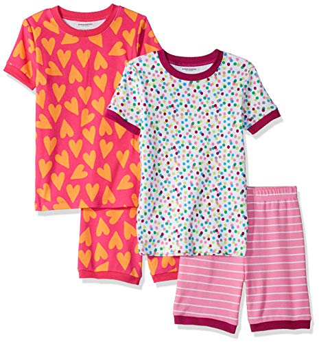 Amazon Essentials Girls' Snug-Fit Cotton Pajamas Sleepwear Sets, 4-Piece Hearts And Dots Shorts Set, Small
