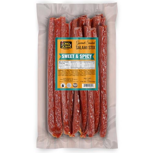 Image of Long John Snacks Dried Salami Sticks, Sweet and Spicy, 16 Oz | High Protein Smoked Meat Sticks Bulk Pack - Handcrafted From Fresh, Never-Frozen Cuts of USA Beef and Pork