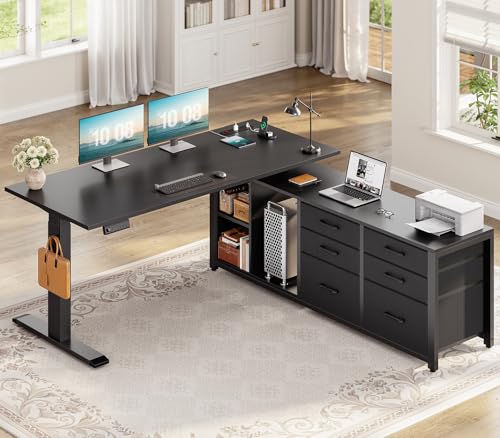 SEDETA L Shaped Electric Standing Desk, 55" x 55" Height Adjustable Office Executive Desk with 6 Fabric Drawers and Storage Shelves, Sit Stand Computer Desk with Power Outlet for Home Office (Black)