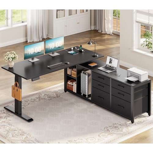 SEDETA L Shaped Electric Standing Desk, 55" x 55" Height Adjustable Office Executive Desk with 6 Fabric Drawers and Storage Shelves, Sit Stand Compute