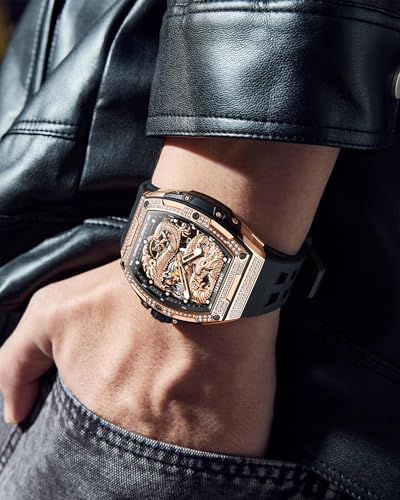 Image of OLEVS Automatic Watch for Men 44MM Large Dial Frosted Gold Octagon Self-Winding Diamond Waterproof Stainless Steel Wrist Watches Tourbillon Skeleton Mechanical
