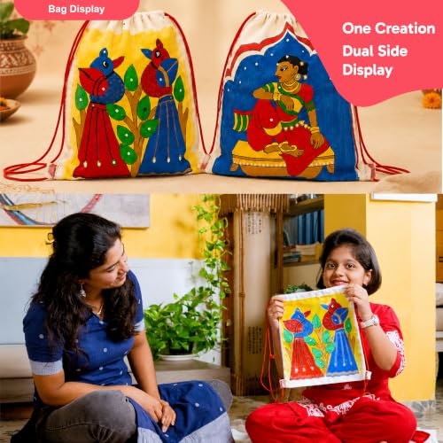 Image of Kores Craft & Carry Pattachitra Art Kit for Kids | DIY Indian Art Canvas Bag Painting Kit | Dual-Sided Drawstring Bag | Acrylic Colours, Sketch Pens, Fabric Glue, Beads, Brushes & Manual | Age 6-99