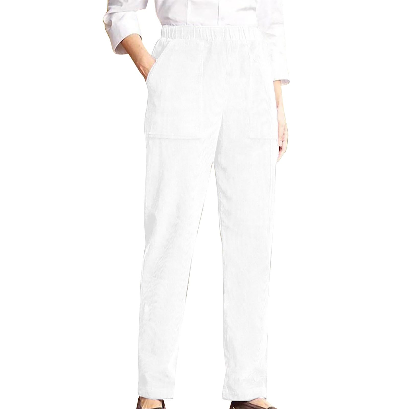 GOKKILRW Corduroy Pants Women Straight Leg Casual Elastic Waist Dressy Work Chino Slacks Vintage Fall Trousers with Pockets