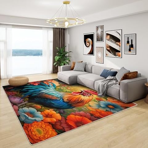 Phtbz Rooster Rug - Rooster Rugs for Kitchen Floor, 2x3 ft Washable Non-Slip Stain Resistant Chicken Farm Animal Area Rug, Retro Floral Carpet for Entryway, Kitchen, Rooster Home Decor & Gifts Cover