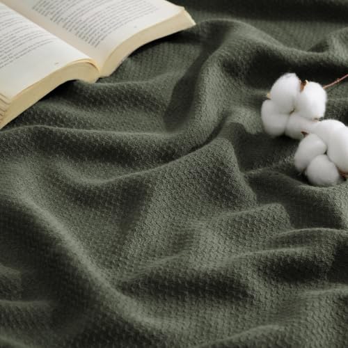 Image of Bedsure 100% Cotton Blanket, Herringbone Weave, Throw XL, Olive Green