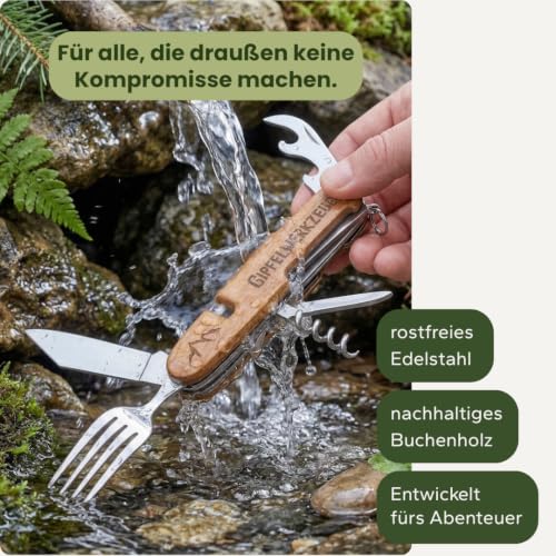 Gipfelgaudi All-in-One Camping Besteck: ideal zum Wandern, Picknick & mehr I Plastikfreies Besteck To Go aus rostfreiem Edelstahl & Holz – Ansicht 4