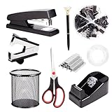 Black Desk Accessories, Office Supplies Set with Stapler, Tape Dispenser, Staple Remover, Pen Holder, Scissor, Binder/Paper Clips, Ballpoint Pen, Clear Tape and 1000pcs Staples