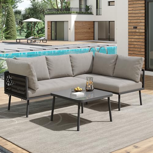 ANEC Ecklounge Sofas Set Ecksofa Outdoor Lounge Garten Terrasse Balkon Möbel 2 Sofas und 1 Tisch L-förmiges Gartenmöbelset mit gepolsterten Sitzen und verstellbaren Füßen (Grau)