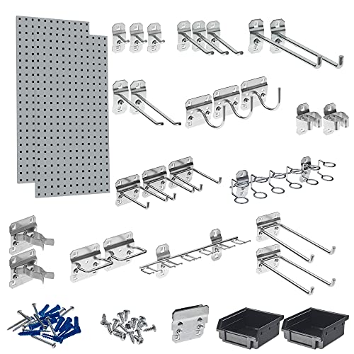 Triton Products (LB18-GKit) LocBoard (2) 18 In. W x 36 In. H x 9/16 In. D Gray Steel Square Hole Pegboards with 30 pc. LocHook Assortment & Hanging Bin System, Gray, 2-Pack