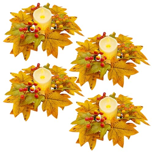 4 Pcs Fall Candle Rings Wreaths Artificial Maple Leaves Candle Holders with Berries Pumpkin Decorative Autumn Garland Candlestick for Farmhouse Fall Thanksgiving Halloween Table Centerpiece Decor(A)