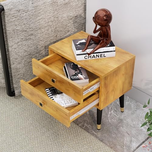 Image of Bed Side Table with 2 Drawer, Nightstand, Metal Legs, Bedside Table for Bedrooms, Sofa Side for Living Room Furniture (Giant Wood)