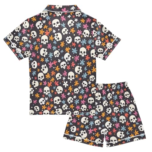 ALAZA Sugar Skull Blossom Flower Pajamas Satin Pajama Set Short Sleeve Button Down Sleepwear2