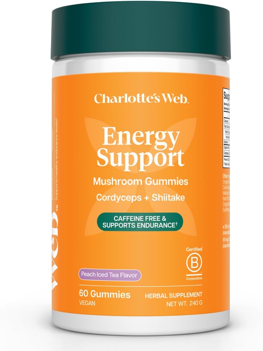 Charlotte's Web Energy Support Mushroom Gummies w/Cordyceps & Shiitake Mushrooms, Caffeine-Free Energy Supplements — Cordyceps Mushroom Gummies, Peach Iced Tea Flavor (30 Servings)