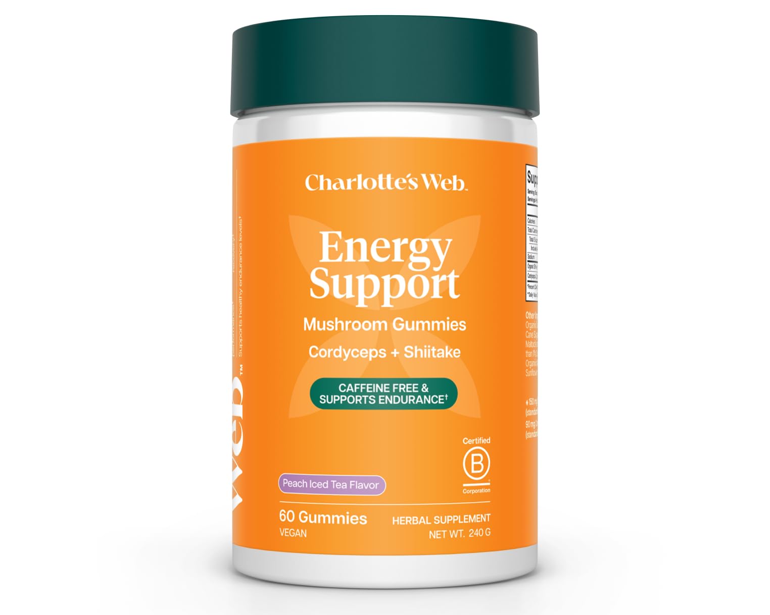 Charlotte's Web Energy Support Mushroom Gummies w/Cordyceps & Shiitake Mushrooms, Caffeine-Free Energy Supplements — Cordyceps Mushroom Gummies, Peach Iced Tea Flavor (30 Servings)