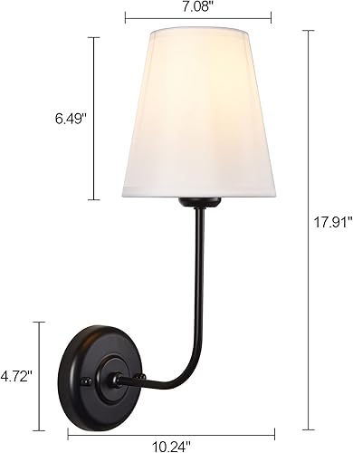 Miniatura 3 de TERLEENART Aplique de pared de tela con forma acampanada, brazo curvado de tela blanca y base de metal con acabado negro, juego de 2 piezas,