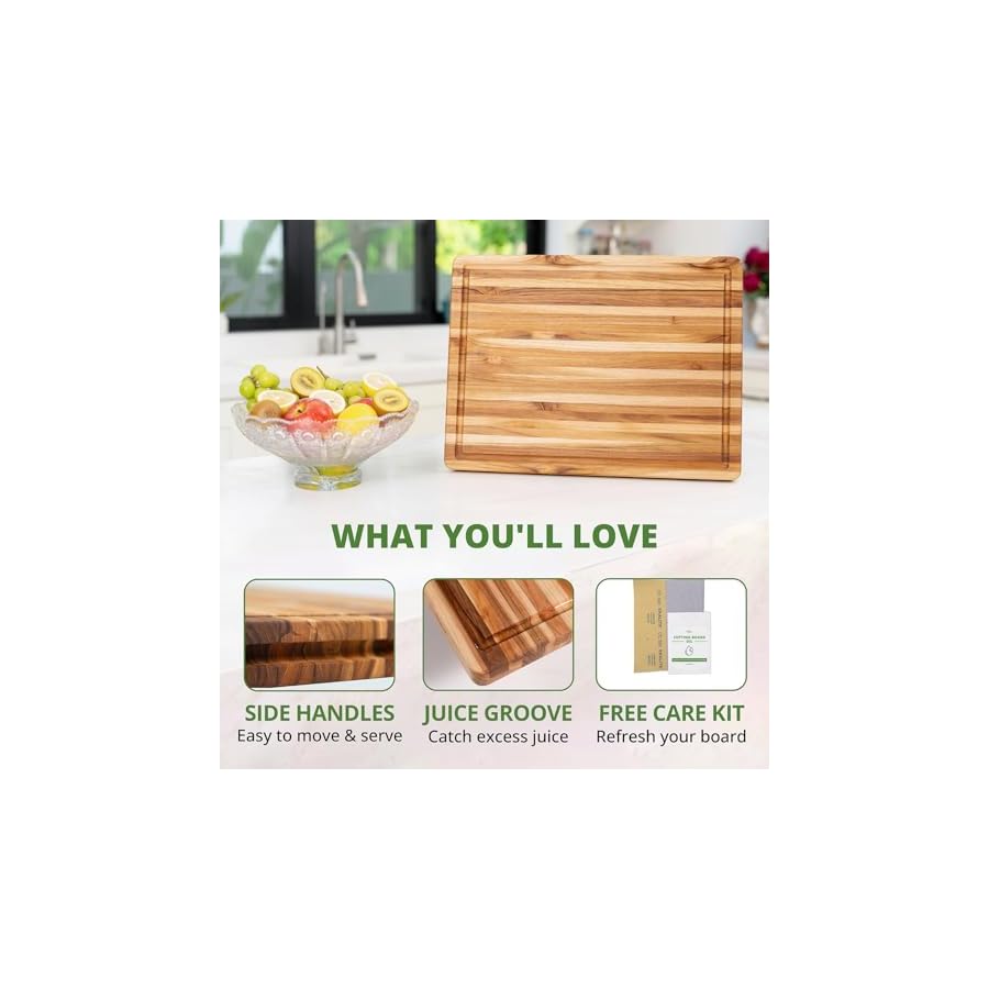 BEEFURNI Teak Wood Cutting Board with Juice Groove Hand Grip (S, 18x14x1"), Wooden Cutting Boards for Kitchen, Butcher Block, Charcuterie Boards, Christmas Gifts, 1-year Manufacturer Warranty