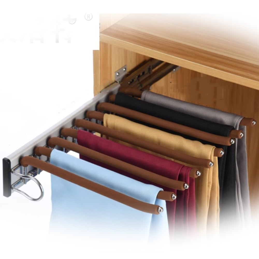 WMYYZYQ Heavy Duty Jean Hangers - Space Saving Pants Organizer Rack, Pull Out Clothes Hangers for Wardrobe Closet, Durable Black Pants Rack for Efficient Stor,Brown-Left