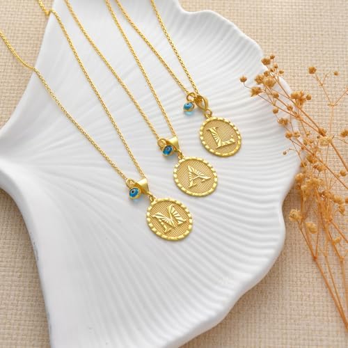 Altın Kaplama M Harfli Madalyon Kolye, Nazar Boncuklu, Zincirli (E, 14 Ayar Sarı Kaplama) - Görsel 2