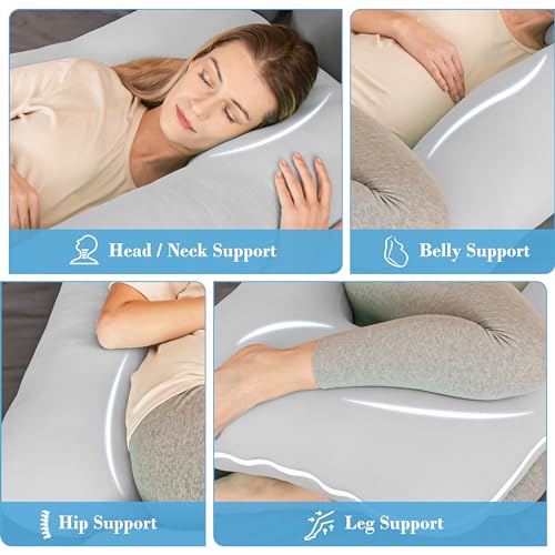 Image of Cute Castle Cooling Cover Pregnancy Pillows, Soft U-Shape Maternity Pillow with Removable Cover - Full Body Pillows for Adults Sleeping - Pregnancy Must Haves - Jumbo 57 Inch - Light Grey