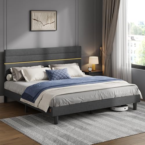 VASAGLE Polsterbett, Bettgestell, Doppelbettgestell, passend für 180 x 200 cm Matratze, verstellbares gepolstertes Kopfteil, Bettrahmen, Metall, Massivholz, modern, schiefergrau RMB508G01
