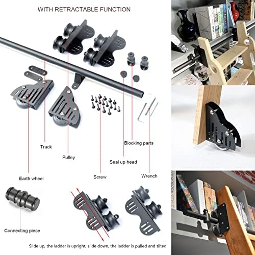 Retractable Rolling Ladder Rails Kit for Mobile Access, Black Steel Round Tube Tracks with Floor Roller Wheels, Easy Installation for Library or Loft