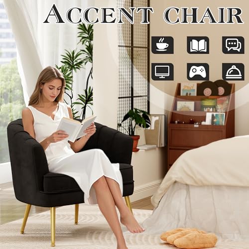 Image of Andeworld Velvet Accent Chair, Barrel Armchair, Black