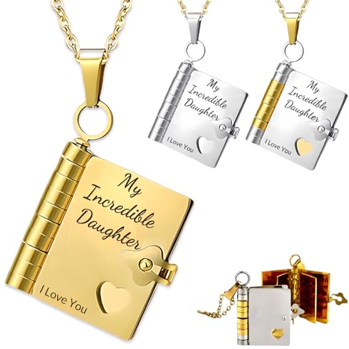 zyinoant For Daughter-My Incredible Daughters Book Necklace To My Daughter from Mom and Dad Personalized Book Necklace Openable Multi Layer Book Jewelry with 6 Pages of Engraved Information (A-Gold)
