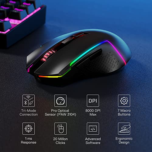 M693 - Mouse da gioco wireless, 8000 DPI con connessione 3 modalità, Bluetooth e wireless 2,4 G, 7 pulsanti macro, capacità di alimentazione durevole e retroilluminazione RGB per - Tastiera gaming - Immagine 1
