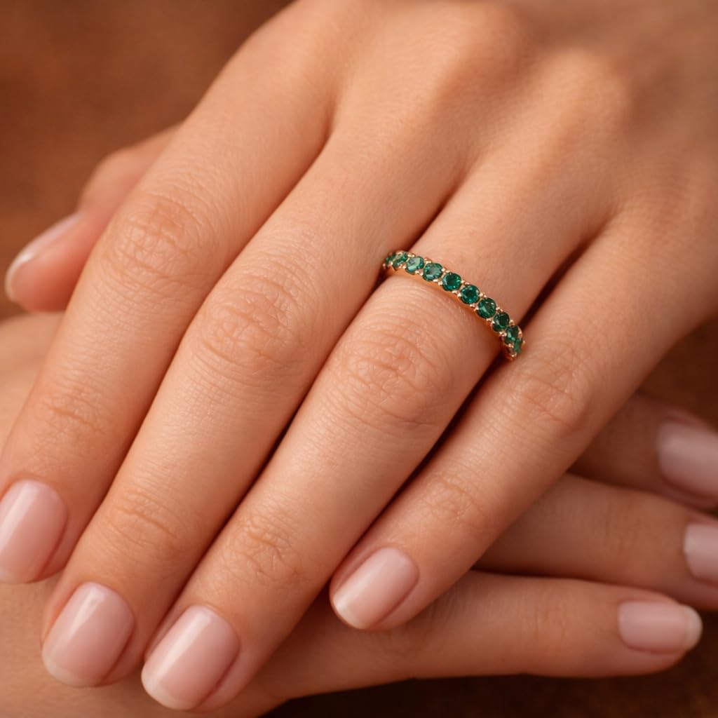 Round Cut Green Emerald Full Eternity Band For Women 14K Rose Gold May Birthstone Stackable Wedding Band Dainty Anniversary Jewelry Gift For Her