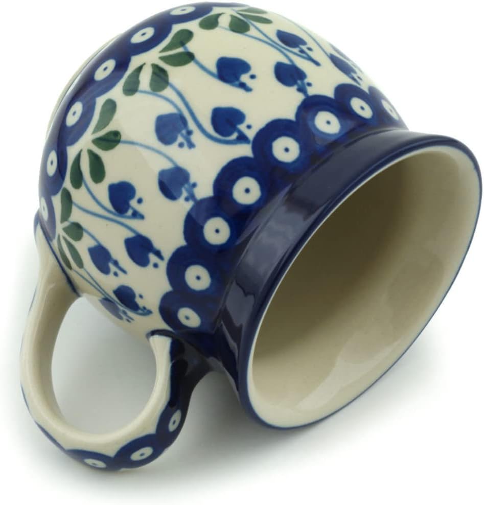 Polmedia Polish Pottery Bubble Mug 16 oz - Bleeding Heart Peacock Pattern Handmade in Boleslawiec Poland by Ceramika Artystyczna + Certificate of Authenticity