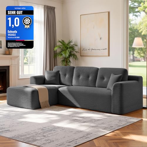 VASAGLE Ecksofa, modulares Sofa 244 cm breit, vakuumverpackt, Schlafsofa, Keine Montage erforderlich, mit großer Chaiselongue Links, für Wohnzimmer, Gästezimmer, schiefergrau LCS183GN01