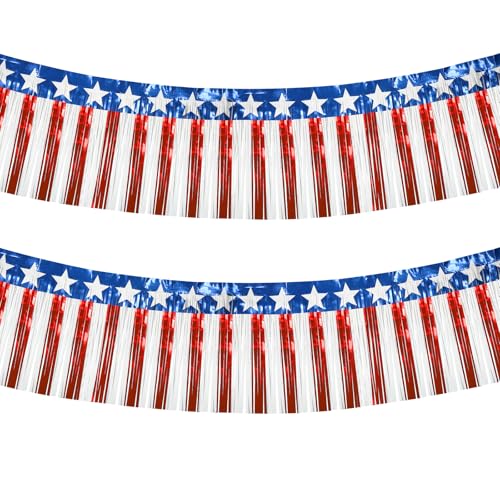 Image of 4th of July Decorations 2 Pack 40Ft Foil Fringe Garland Tinsel Streamers, Red White Blue Hanging Fringe Backdrop Banner Table Skirts for Parade Floats Patriotic Party Decor (Star 2)