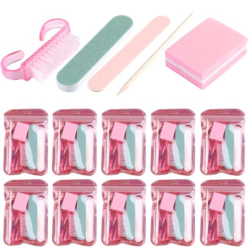 Fcozpjk Disposable Manicure Kit Basics 5PCS Nail Kit Mini Nail Files Buffers Bulk Handle Grip Brush Orange Wood Stick Individually-Packed Pedicure Set for Fingernails Toenails Salon Supplies 10 Packs