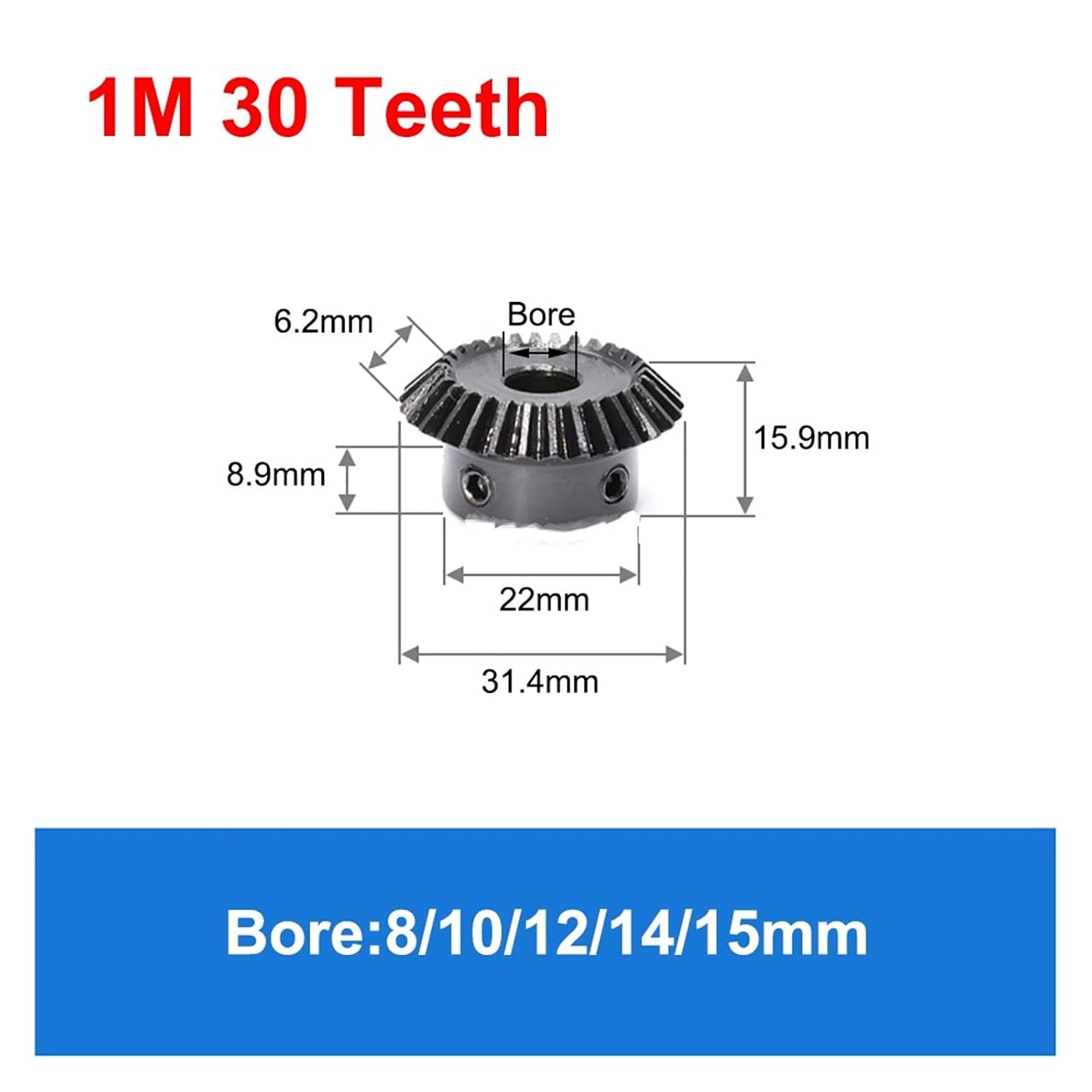 Bevel Gear Pinion Hardware Mechanical 1PCS 1:1 Bevel Gear 1Module 30 Teeth Steel Inner Hole Bore 5/6/8//10/12mm 90 Degrees Meshing Angle Steel Gear(10mm Keyway 4mm)
