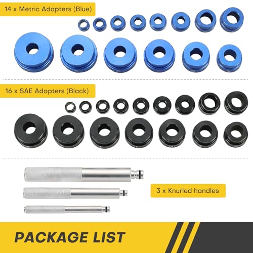 Image of 33PCS Bearing Press Kit | Bearing Race and Seal Driver Set with Metric SAE Adapters, Bushing Driver Set with 3 Knurled Handles for Seal Installation, Bearing Race and Bushing Drivers
